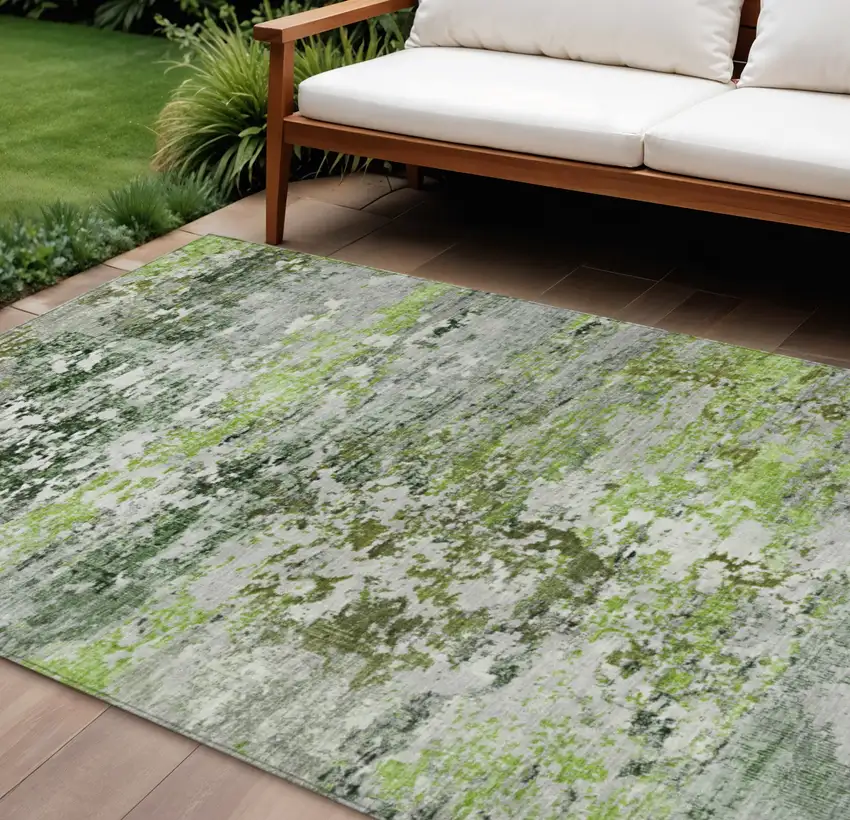 Artichoke Green Ivory And Gray Abstract Washable Indoor Outdoor Area Rug Photo 2