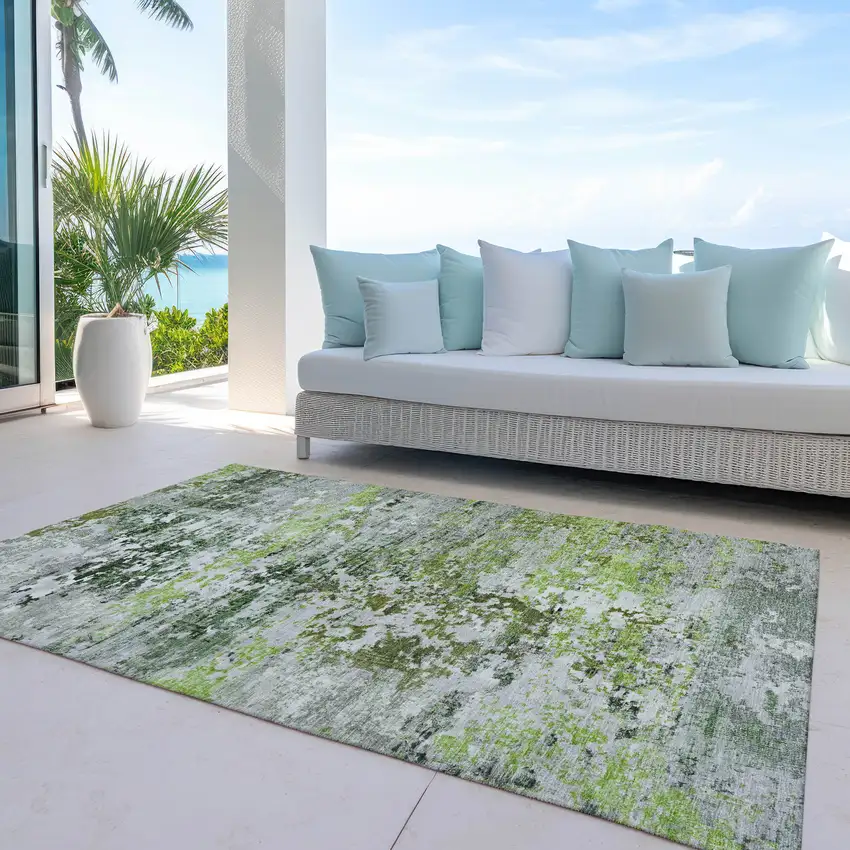 Artichoke Green Ivory And Gray Abstract Washable Indoor Outdoor Area Rug Photo 5
