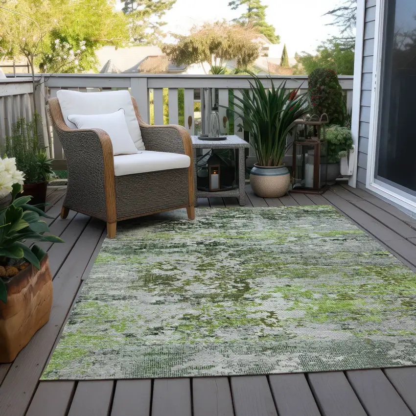 Artichoke Green Ivory And Gray Abstract Washable Indoor Outdoor Area Rug Photo 8