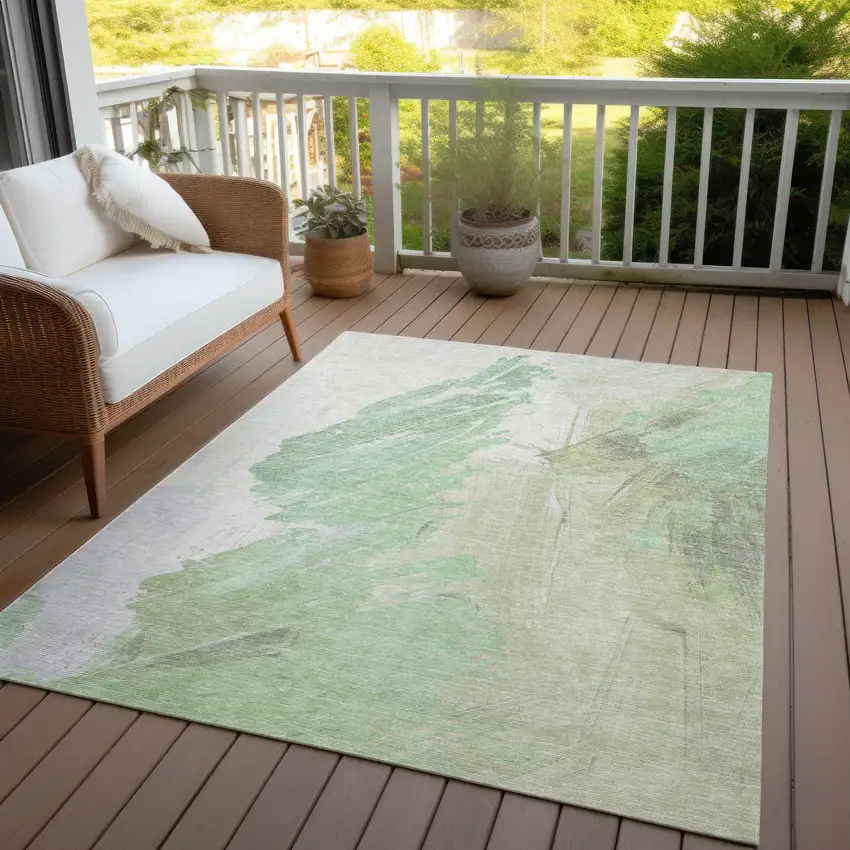 Artichoke Green Ivory And Gray Abstract Washable Indoor Outdoor Area Rug Photo 5