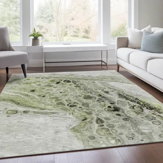 Artichoke Green Ivory And Gray Abstract Washable Indoor Outdoor Area Rug Photo 7
