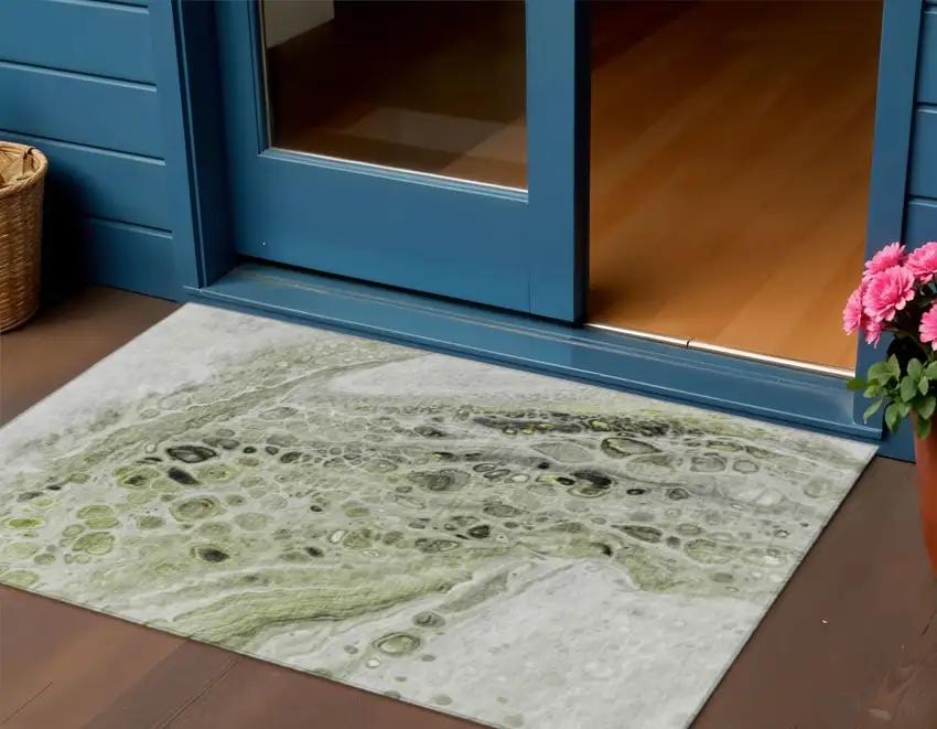 Artichoke Green Ivory And Gray Abstract Washable Indoor Outdoor Area Rug Photo 2