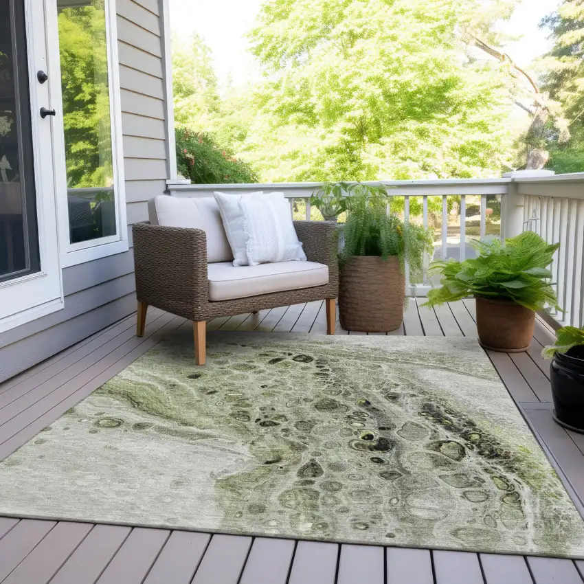Artichoke Green Ivory And Gray Abstract Washable Indoor Outdoor Area Rug Photo 8