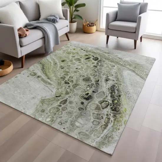 Artichoke Green Ivory And Gray Abstract Washable Indoor Outdoor Area Rug Photo 6