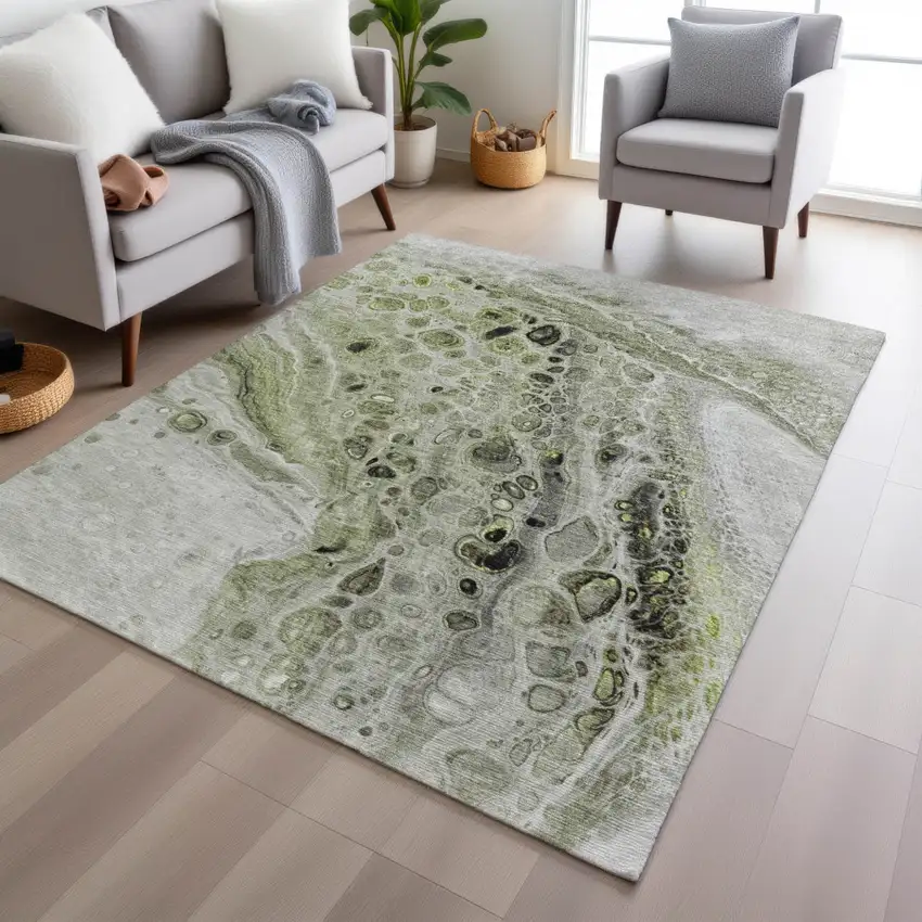 Artichoke Green Ivory And Gray Abstract Washable Indoor Outdoor Area Rug Photo 6