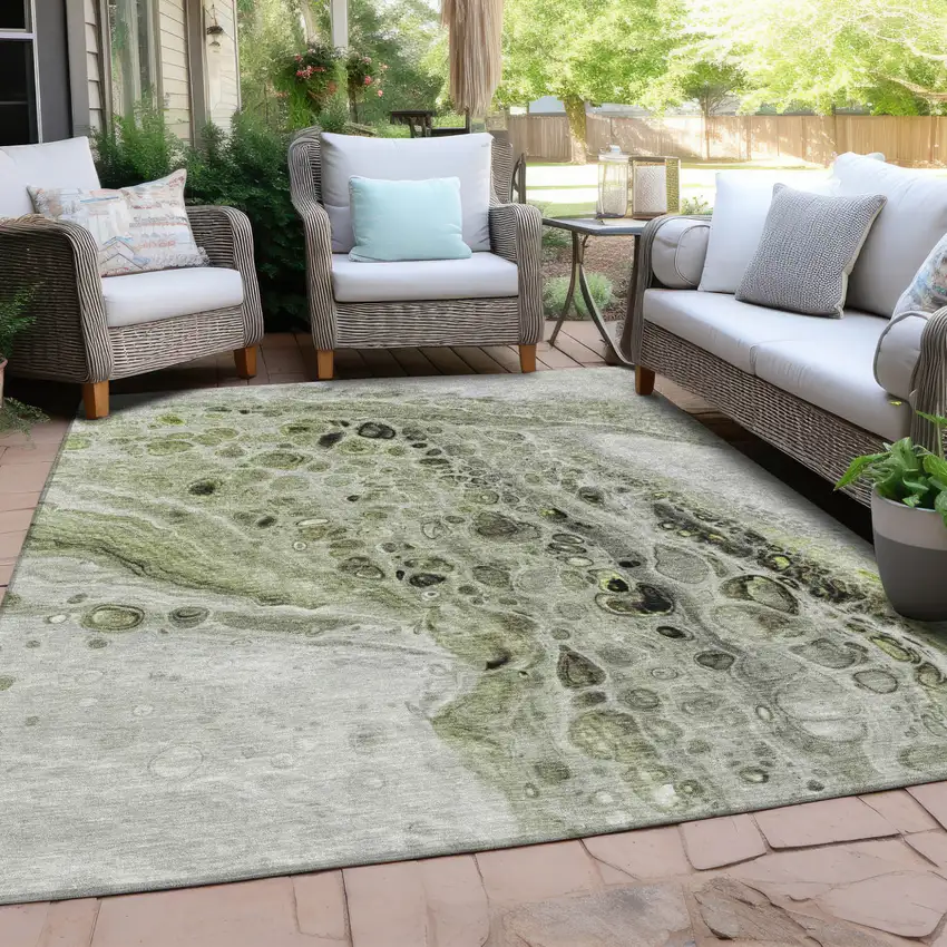 Artichoke Green Ivory And Gray Abstract Washable Indoor Outdoor Area Rug Photo 5