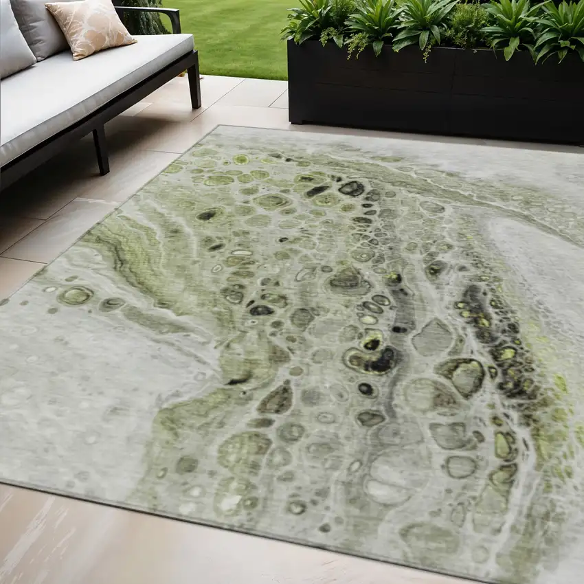 Artichoke Green Ivory And Gray Abstract Washable Indoor Outdoor Area Rug Photo 2