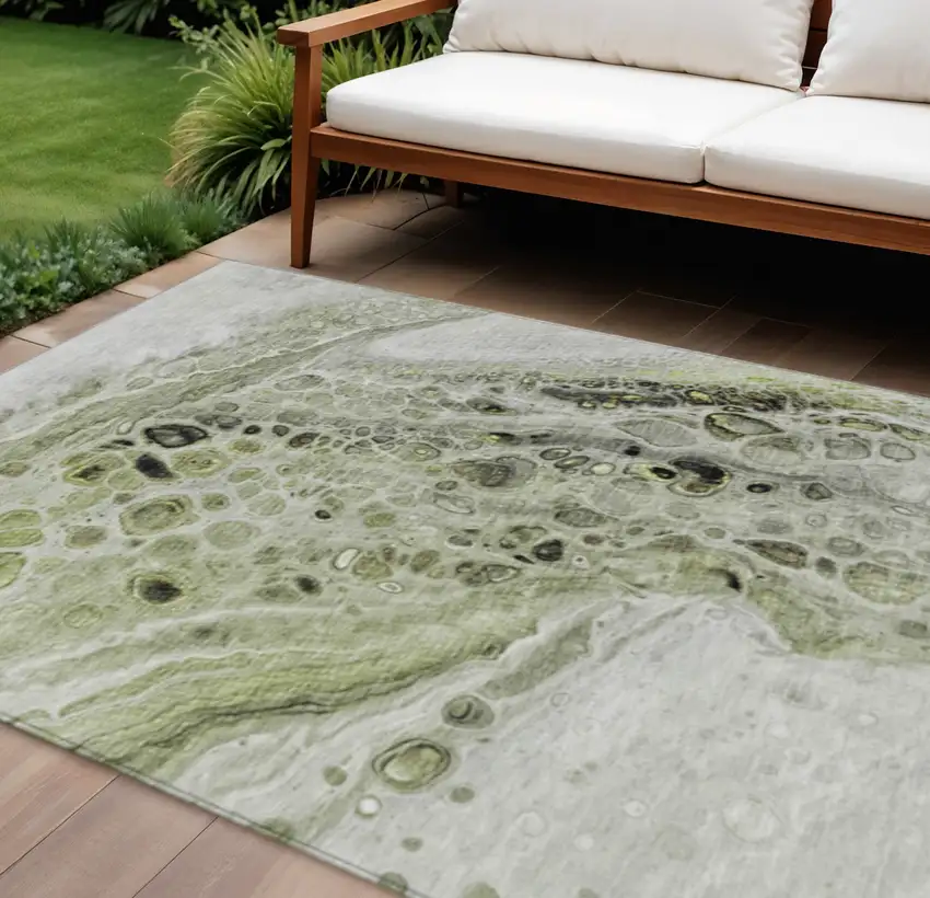 Artichoke Green Ivory And Gray Abstract Washable Indoor Outdoor Area Rug Photo 2