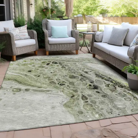 Artichoke Green Ivory And Gray Abstract Washable Indoor Outdoor Area Rug Photo 5