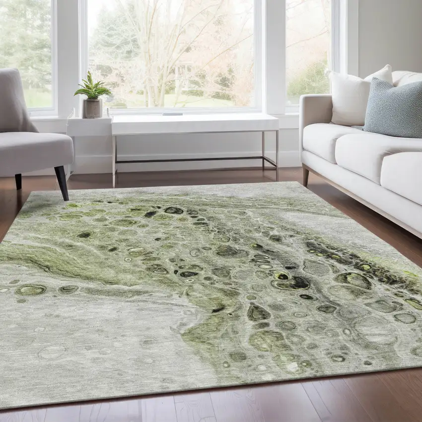 Artichoke Green Ivory And Gray Abstract Washable Indoor Outdoor Area Rug Photo 7