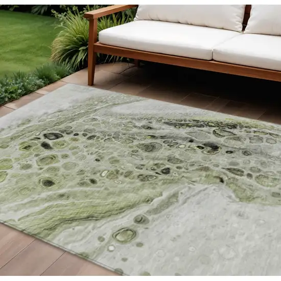 Artichoke Green Ivory And Gray Abstract Washable Indoor Outdoor Area Rug Photo 2