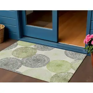 Photo of Artichoke Green Ivory And Gray Abstract Washable Indoor Outdoor Area Rug