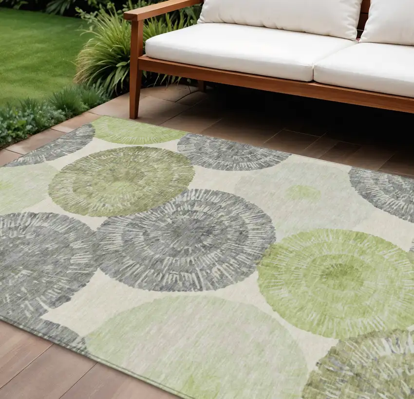 Artichoke Green Ivory And Gray Abstract Washable Indoor Outdoor Area Rug Photo 1