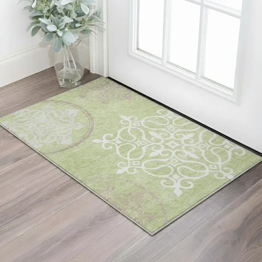 Artichoke Green Ivory And Gray Floral Medallion Washable Area Rug With UV Protection Photo 2