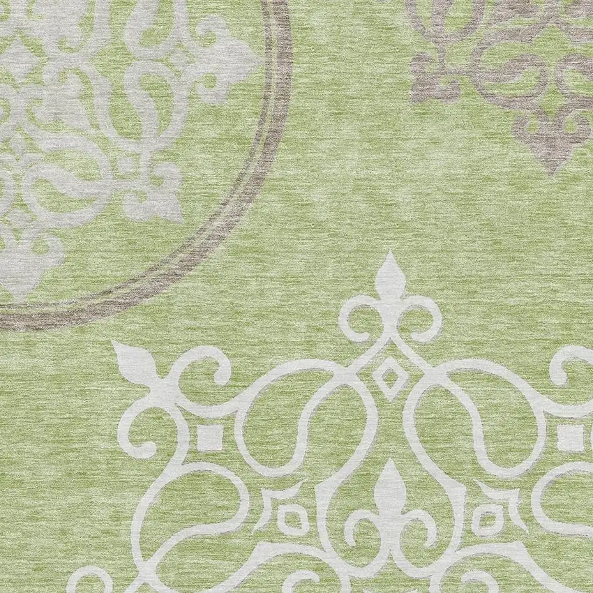 Artichoke Green Ivory And Gray Floral Medallion Washable Area Rug With UV Protection Photo 3