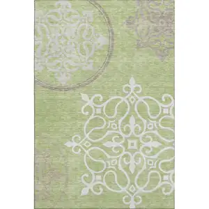 Photo of Artichoke Green Ivory And Gray Floral Medallion Washable Area Rug With UV Protection