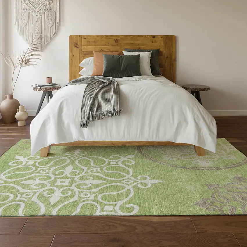 Artichoke Green Ivory And Gray Floral Medallion Washable Area Rug With UV Protection Photo 6