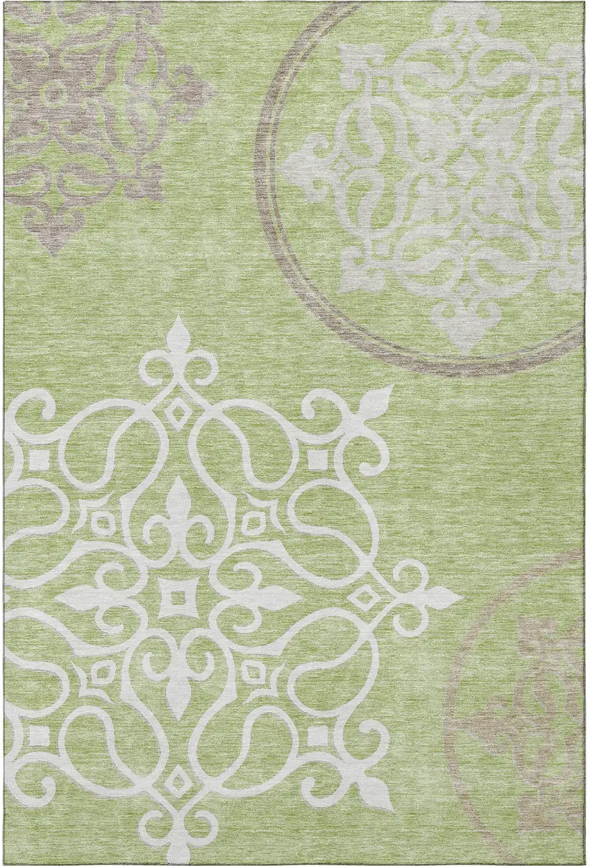 Artichoke Green Ivory And Gray Floral Medallion Washable Area Rug With UV Protection Photo 4