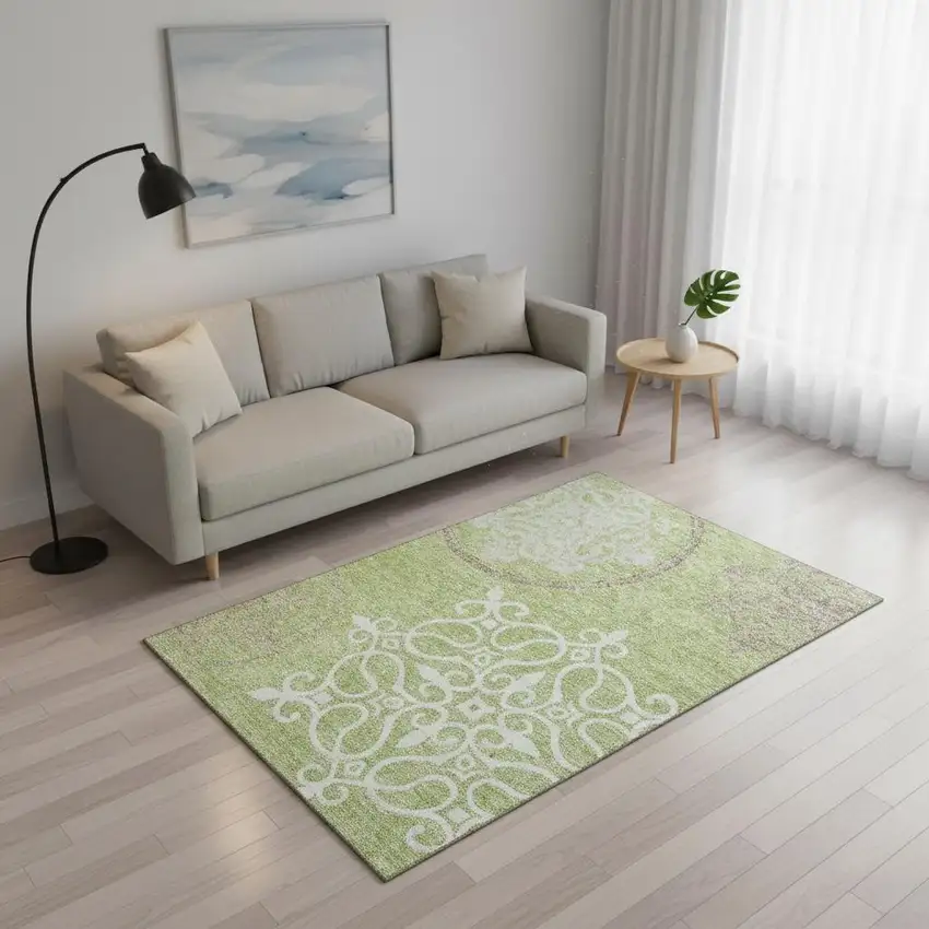 Artichoke Green Ivory And Gray Floral Medallion Washable Area Rug With UV Protection Photo 2