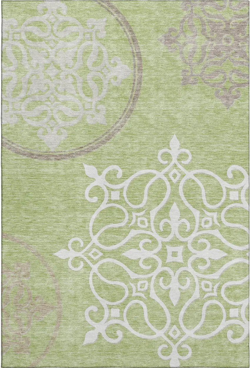Artichoke Green Ivory And Gray Floral Medallion Washable Area Rug With UV Protection Photo 1