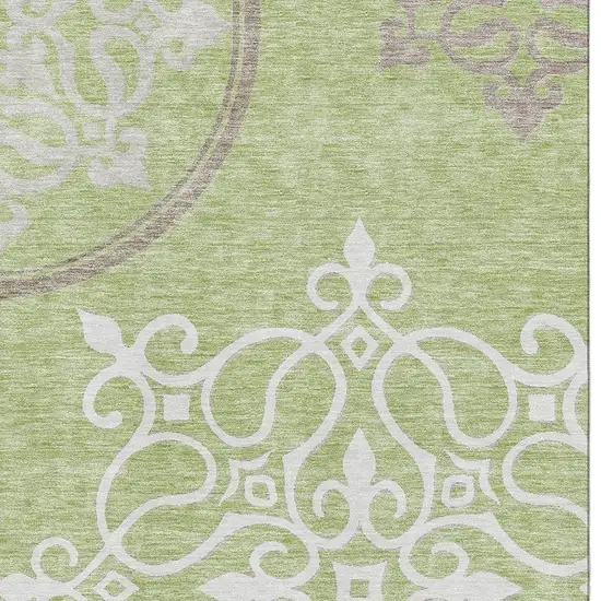 Artichoke Green Ivory And Gray Floral Medallion Washable Area Rug With UV Protection Photo 3