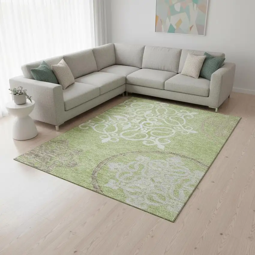 Artichoke Green Ivory And Gray Floral Medallion Washable Area Rug With UV Protection Photo 2