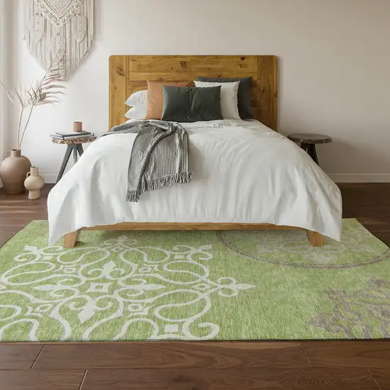 Artichoke Green Ivory And Gray Floral Medallion Washable Area Rug With UV Protection Photo 6