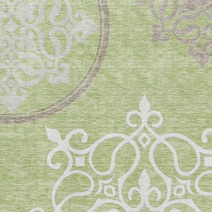 Artichoke Green Ivory And Gray Floral Medallion Washable Area Rug With UV Protection Photo 3