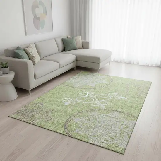 Artichoke Green Ivory And Gray Floral Medallion Washable Area Rug With UV Protection Photo 2