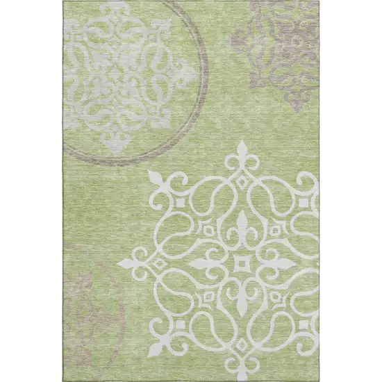 Artichoke Green Ivory And Gray Floral Medallion Washable Area Rug With UV Protection Photo 1
