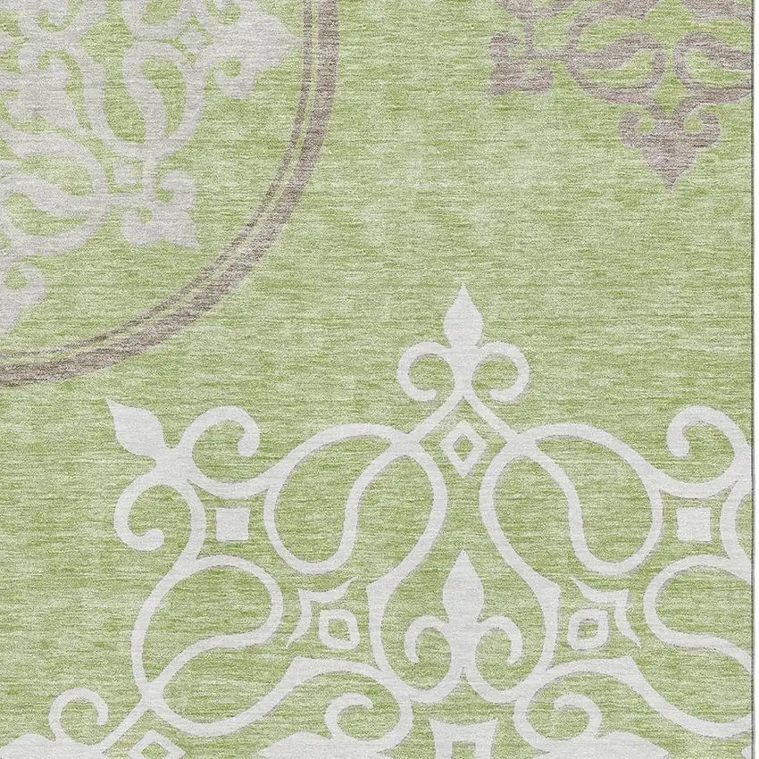Artichoke Green Ivory And Gray Floral Medallion Washable Area Rug With UV Protection Photo 3