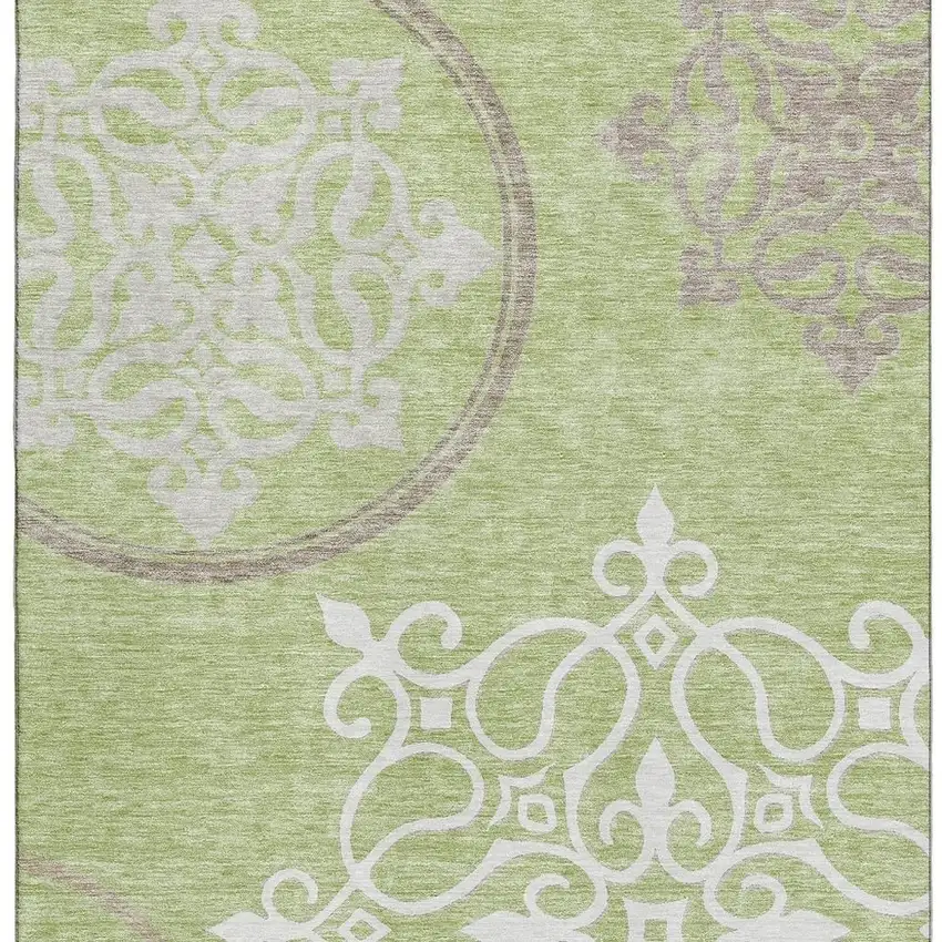 Artichoke Green Ivory And Gray Floral Medallion Washable Area Rug With UV Protection Photo 4