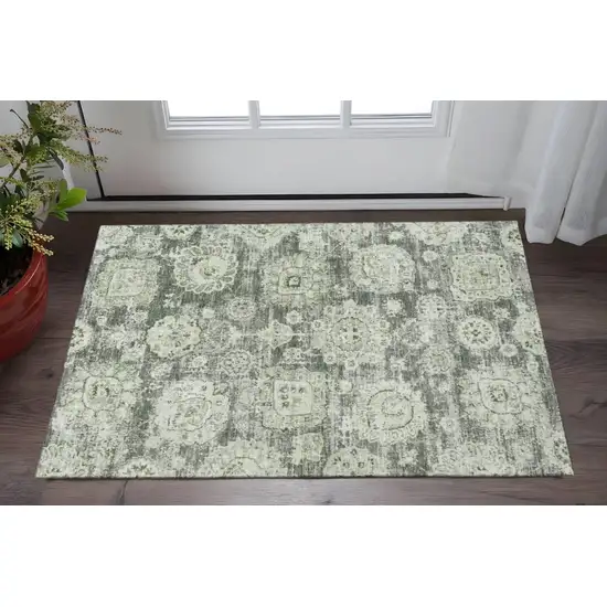 Artichoke Green Ivory And Gray Floral Washable Area Rug With UV Protection Photo 2