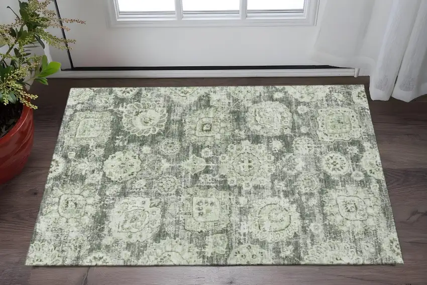 Artichoke Green Ivory And Gray Floral Washable Area Rug With UV Protection Photo 2
