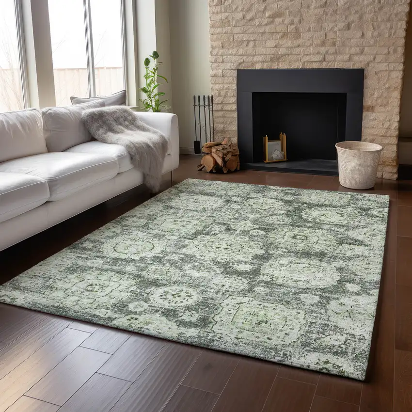 Artichoke Green Ivory And Gray Floral Washable Area Rug With UV Protection Photo 6