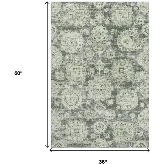Artichoke Green Ivory And Gray Floral Washable Area Rug With UV Protection Photo 3