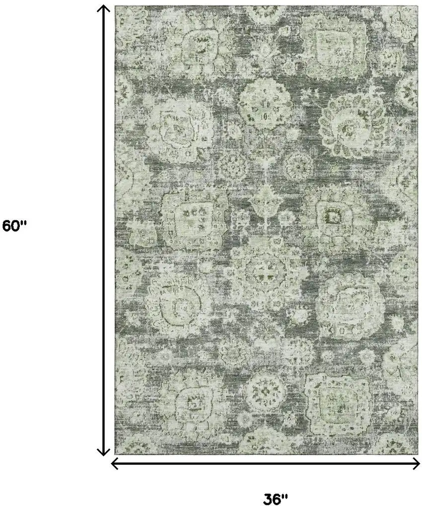 Artichoke Green Ivory And Gray Floral Washable Area Rug With UV Protection Photo 3