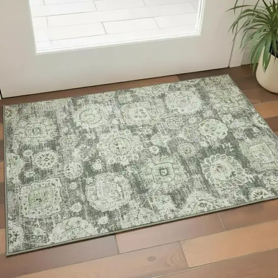 Artichoke Green Ivory And Gray Floral Washable Area Rug With UV Protection Photo 1