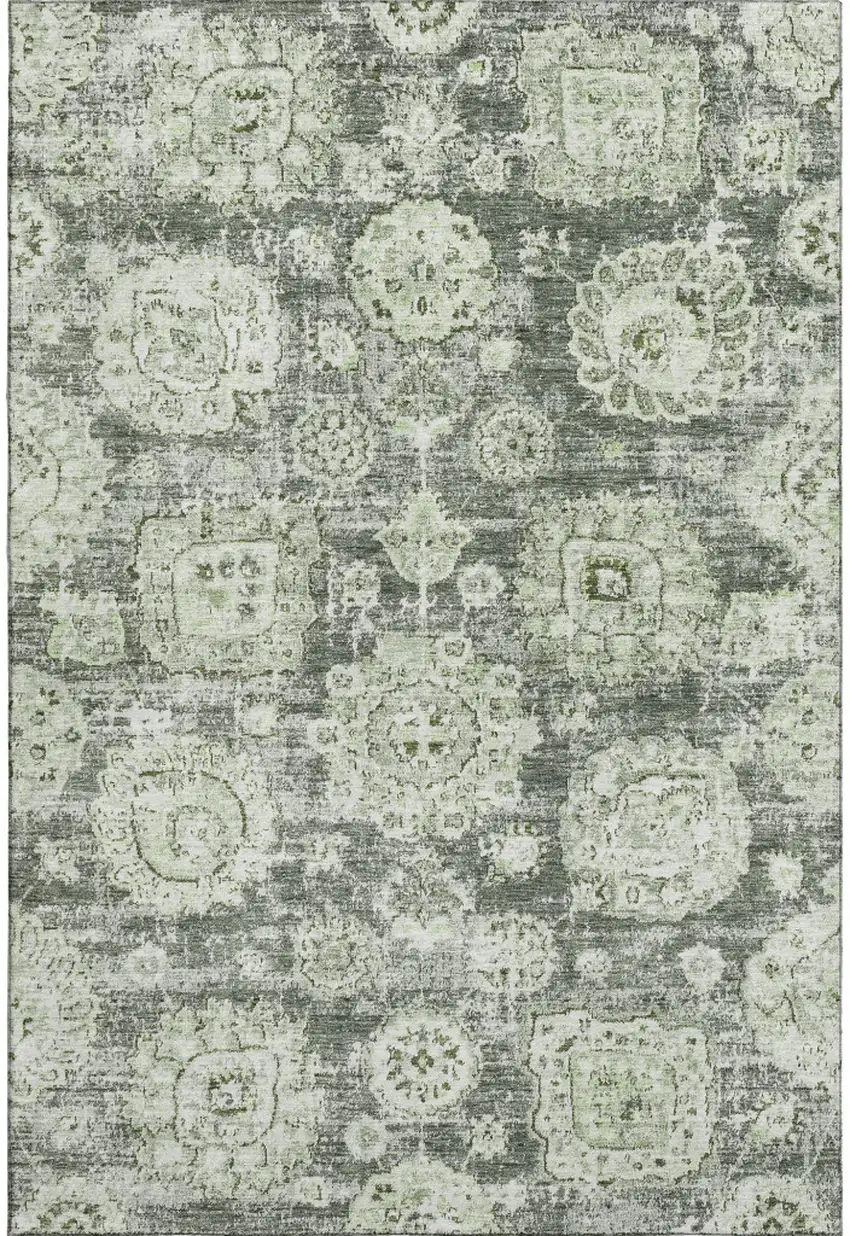 Artichoke Green Ivory And Gray Floral Washable Area Rug With UV Protection Photo 1