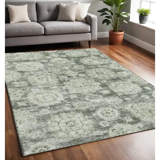Artichoke Green Ivory And Gray Floral Washable Area Rug With UV Protection Photo 2