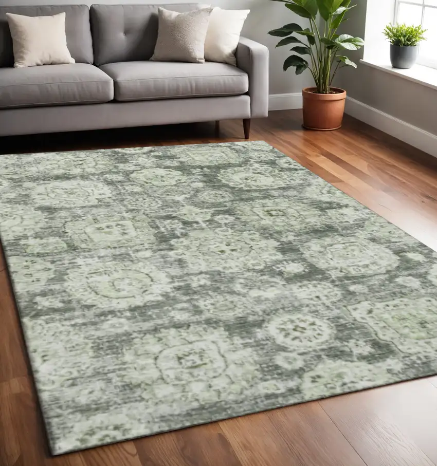 Artichoke Green Ivory And Gray Floral Washable Area Rug With UV Protection Photo 2
