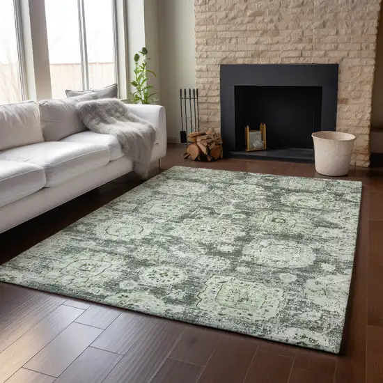 Artichoke Green Ivory And Gray Floral Washable Area Rug With UV Protection Photo 5