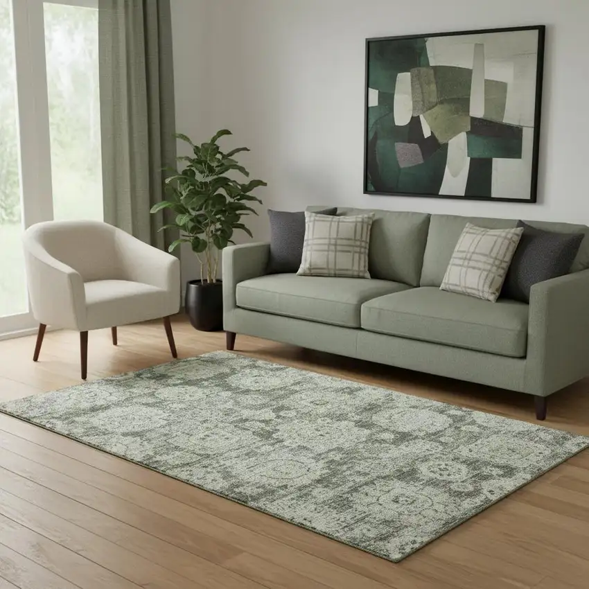 Artichoke Green Ivory And Gray Floral Washable Area Rug With UV Protection Photo 1