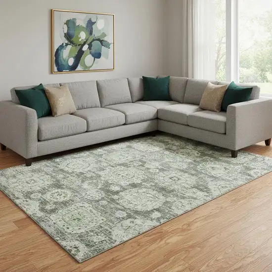 Artichoke Green Ivory And Gray Floral Washable Area Rug With UV Protection Photo 1