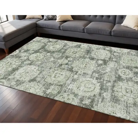 Artichoke Green Ivory And Gray Floral Washable Area Rug With UV Protection Photo 2