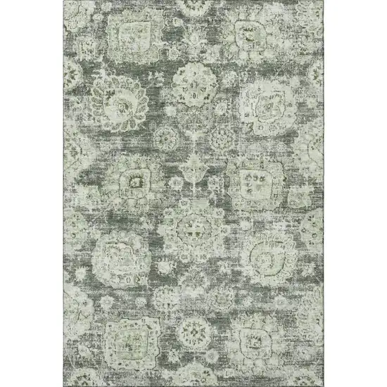Artichoke Green Ivory And Gray Floral Washable Area Rug With UV Protection Photo 4