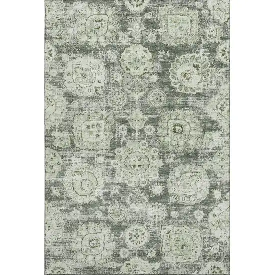 Artichoke Green Ivory And Gray Floral Washable Area Rug With UV Protection Photo 1