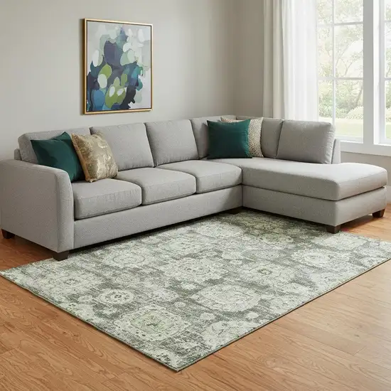 Artichoke Green Ivory And Gray Floral Washable Area Rug With UV Protection Photo 1