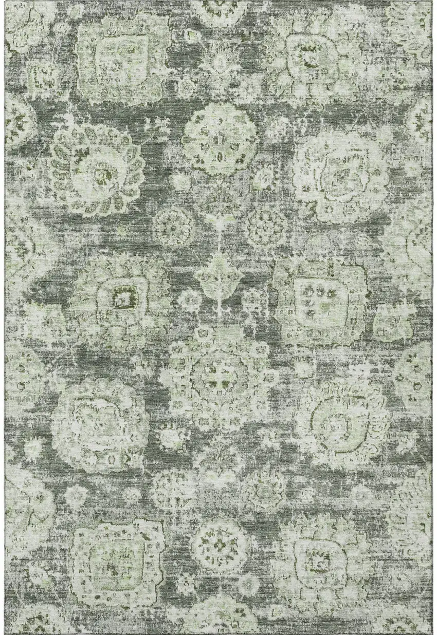 Artichoke Green Ivory And Gray Floral Washable Area Rug With UV Protection Photo 4