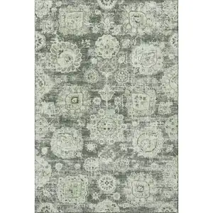 Photo of Artichoke Green Ivory And Gray Floral Washable Area Rug With UV Protection